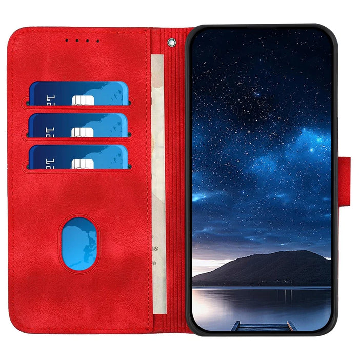For iPhone 16 Leather Wallet Case Butterfly Flower Imprinted Phone Cover with Strap - Red - 2