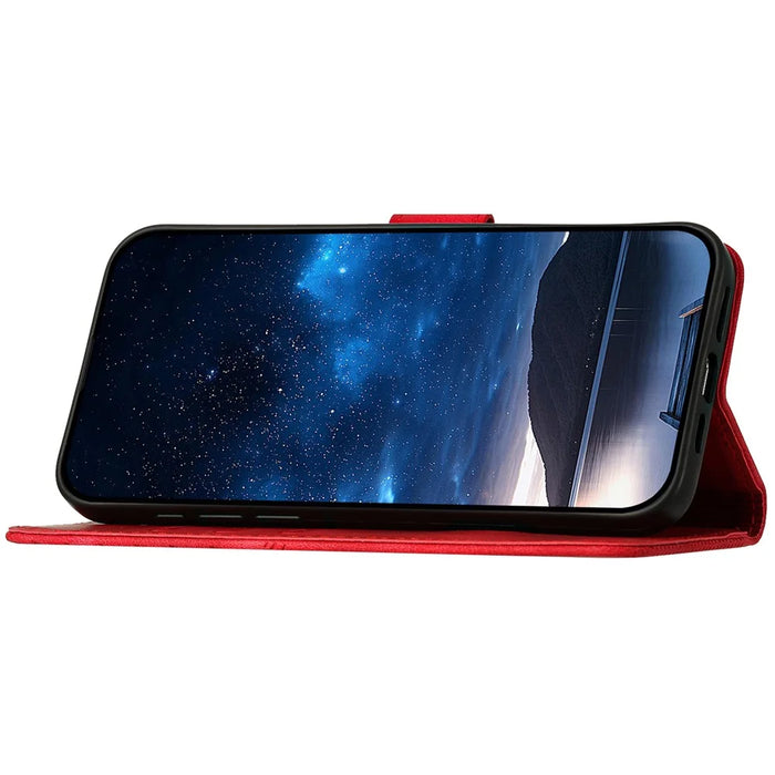 For iPhone 16 Leather Wallet Case Butterfly Flower Imprinted Phone Cover with Strap - Red - 3