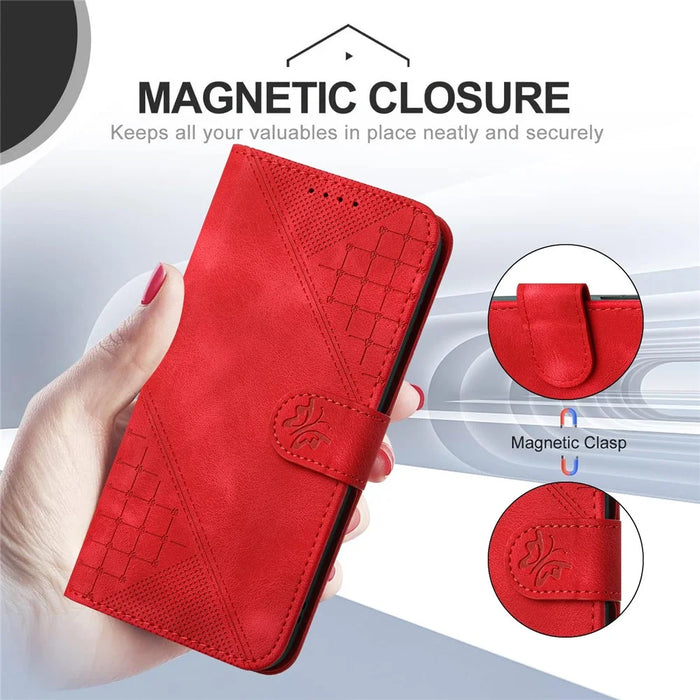 For iPhone 16 Leather Wallet Case Butterfly Flower Imprinted Phone Cover with Strap - Red - 4