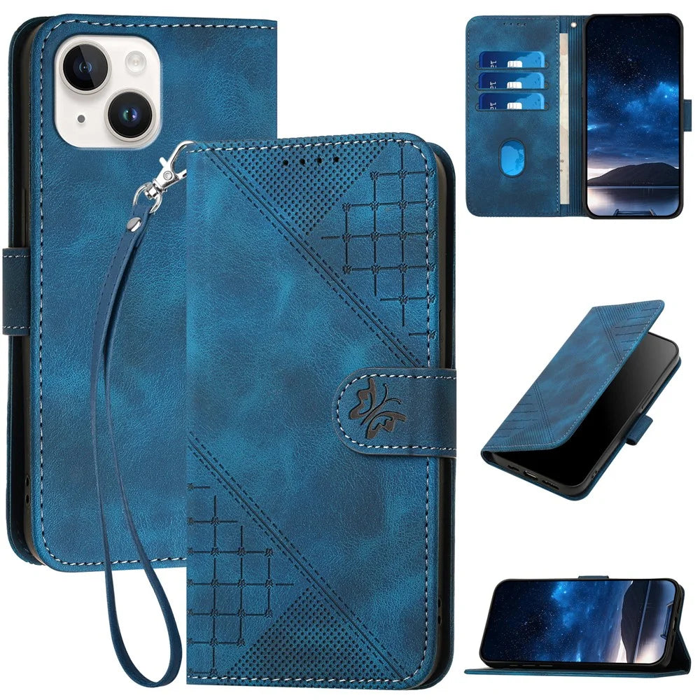 For iPhone 15 Leather Wallet Case Butterfly Flower Imprinted Phone Cover with Strap - Sapphire - 1