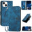 For iPhone 15 Leather Wallet Case Butterfly Flower Imprinted Phone Cover with Strap - Sapphire - 1