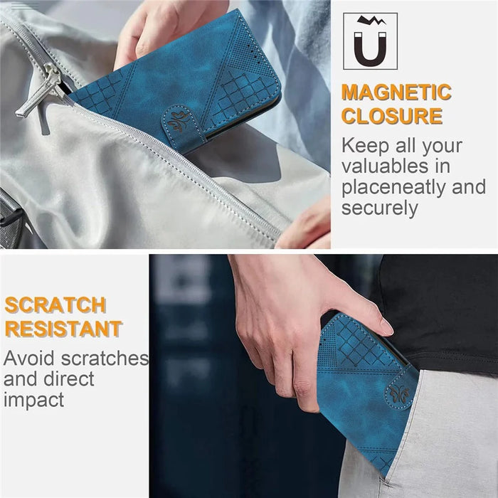 For iPhone 15 Leather Wallet Case Butterfly Flower Imprinted Phone Cover with Strap - Sapphire - 6