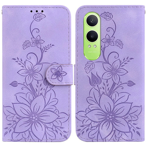 For OnePlus Nord CE4 Lite 5G Case Lily Flower Imprint Leather Phone Cover with Stand - Purple - 1