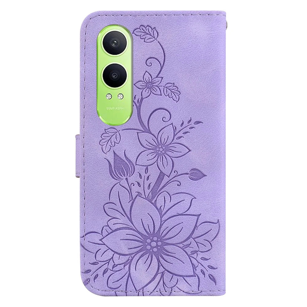 For OnePlus Nord CE4 Lite 5G Case Lily Flower Imprint Leather Phone Cover with Stand - Purple - 7
