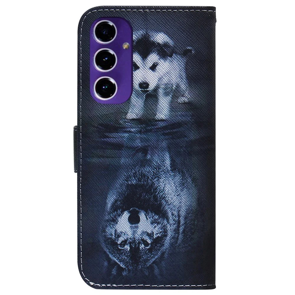 For Samsung Galaxy A16 5G / A16 4G Wallet Case Pattern Print Leather Phone Cover - Dog and Wolf - 7