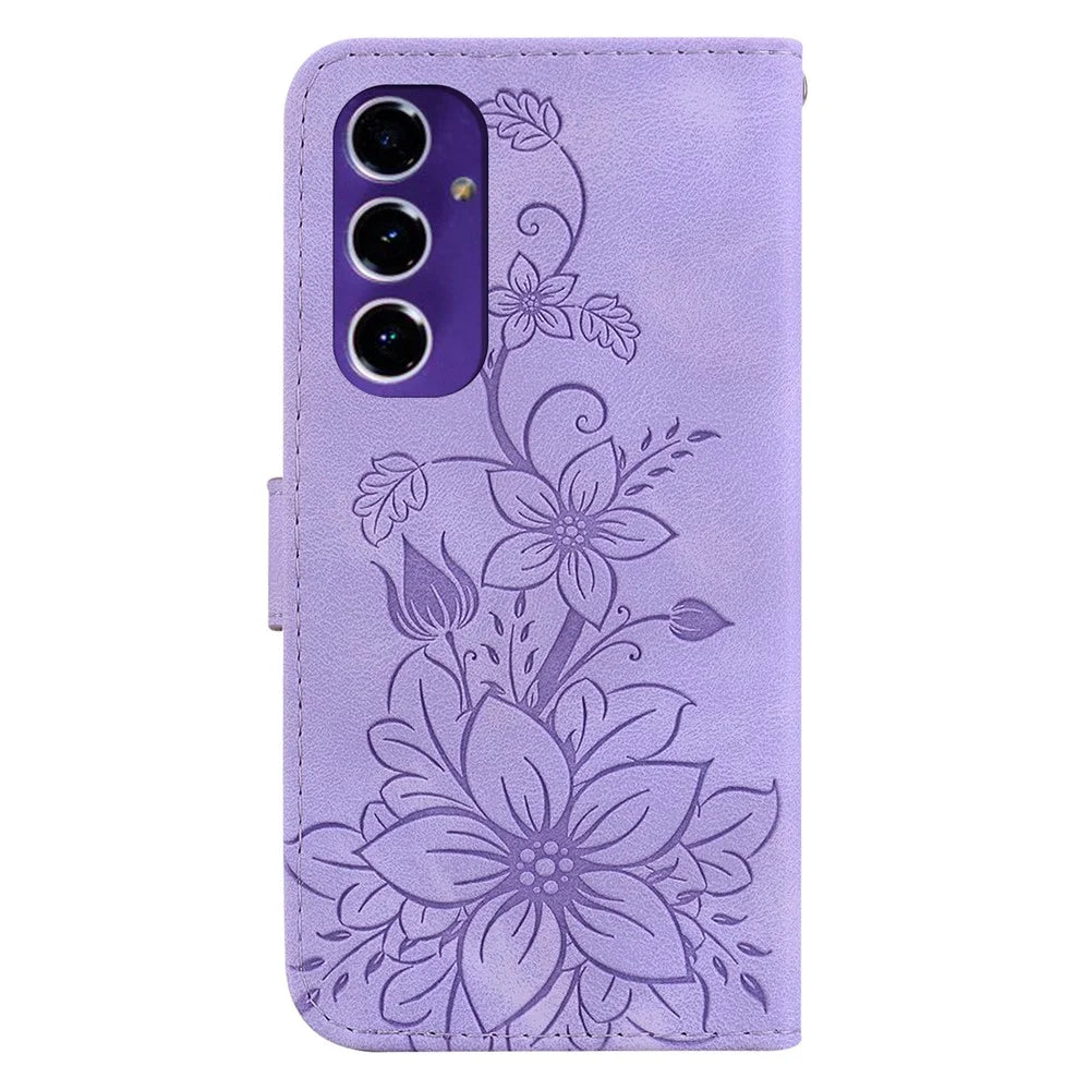 For Samsung Galaxy A16 5G / A16 4G Case Lily Flower Imprint Leather Phone Cover with Stand - Purple - 7
