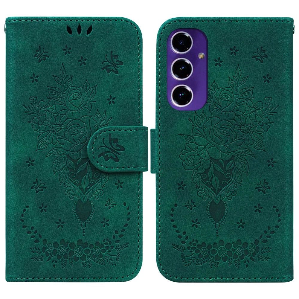 For Samsung Galaxy A16 5G / A16 4G Case PU Leather Wallet Phone Cover Butterfly Flower Imprint - Green - 1