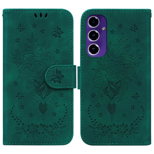 For Samsung Galaxy A16 5G / A16 4G Case PU Leather Wallet Phone Cover Butterfly Flower Imprint - Green - 1