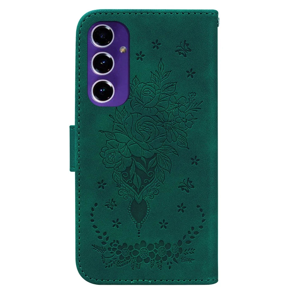 For Samsung Galaxy A16 5G / A16 4G Case PU Leather Wallet Phone Cover Butterfly Flower Imprint - Green - 7