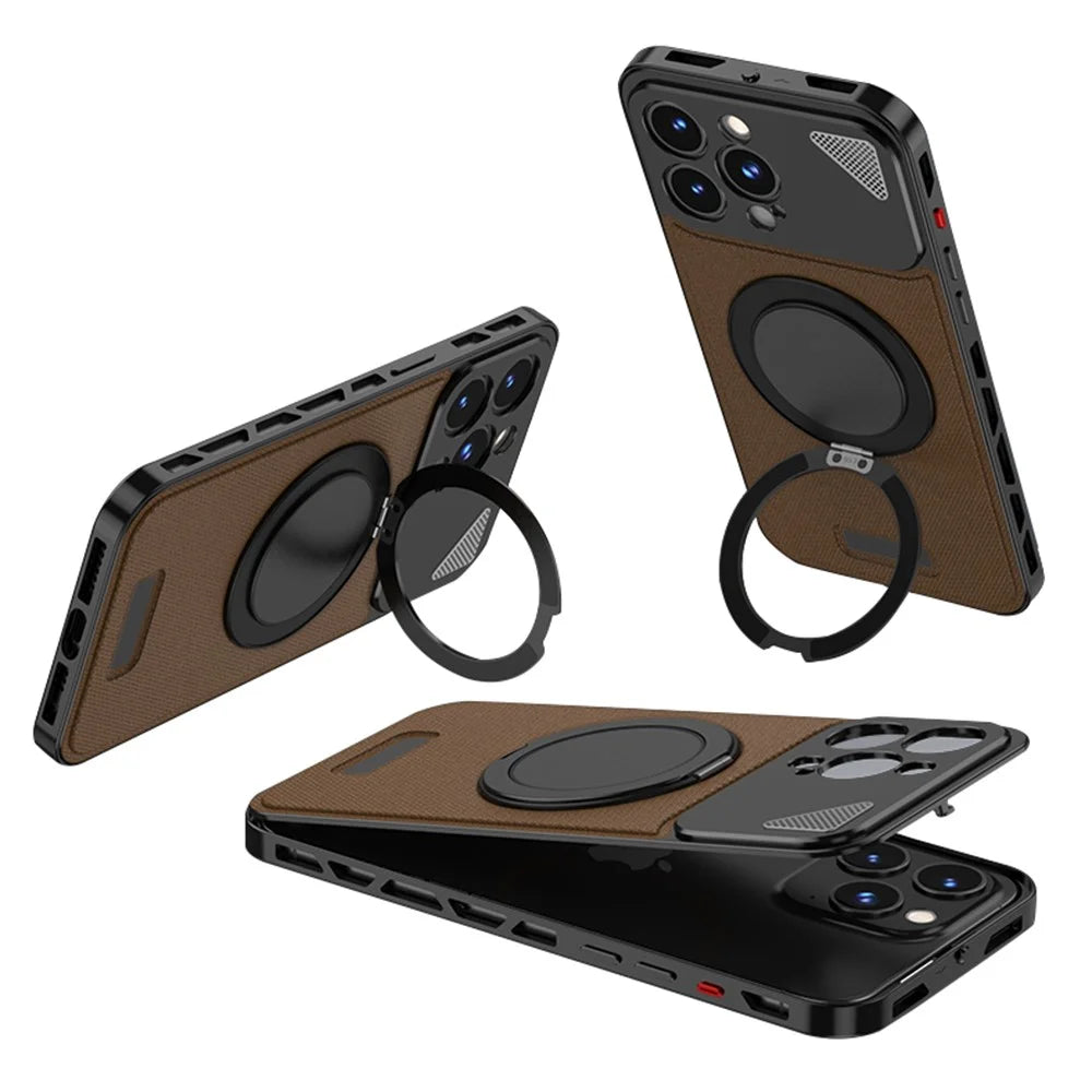 For iPhone 14 Pro Max Case Magnetic Closure Back Plate + Metal Frame Phone Cover with Kickstand - Black / Dark Brown - 1