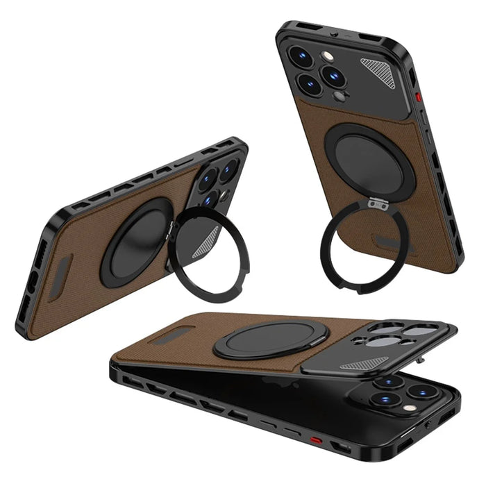 For iPhone 14 Pro Max Case Magnetic Closure Back Plate + Metal Frame Phone Cover with Kickstand - Black / Dark Brown - 1