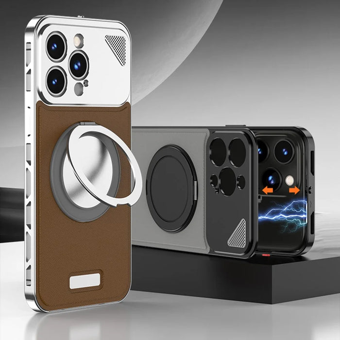 For iPhone 14 Pro Max Case Magnetic Closure Back Plate + Metal Frame Phone Cover with Kickstand - Black / Dark Brown - 2