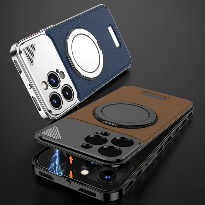 For iPhone 14 Pro Max Case Magnetic Closure Back Plate + Metal Frame Phone Cover with Kickstand - Black / Dark Brown - 4