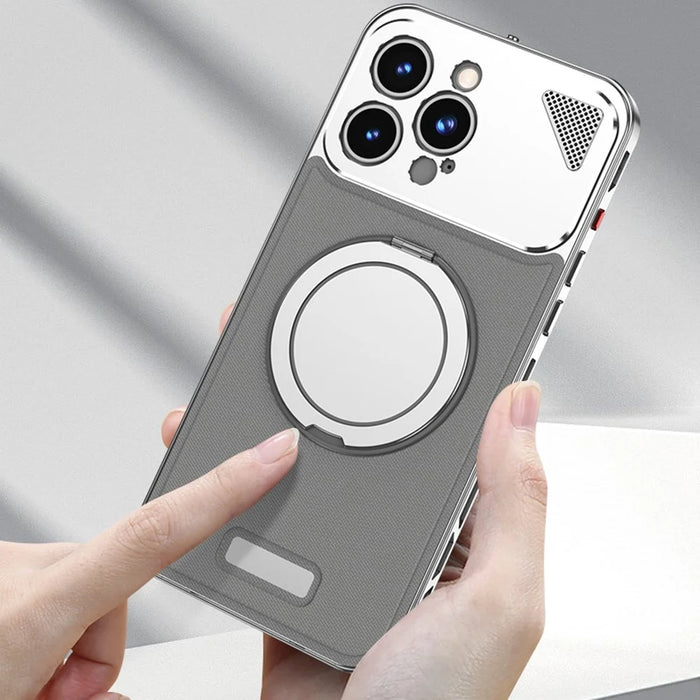 For iPhone 14 Pro Max Case Magnetic Closure Back Plate + Metal Frame Phone Cover with Kickstand - Black / Dark Brown - 6