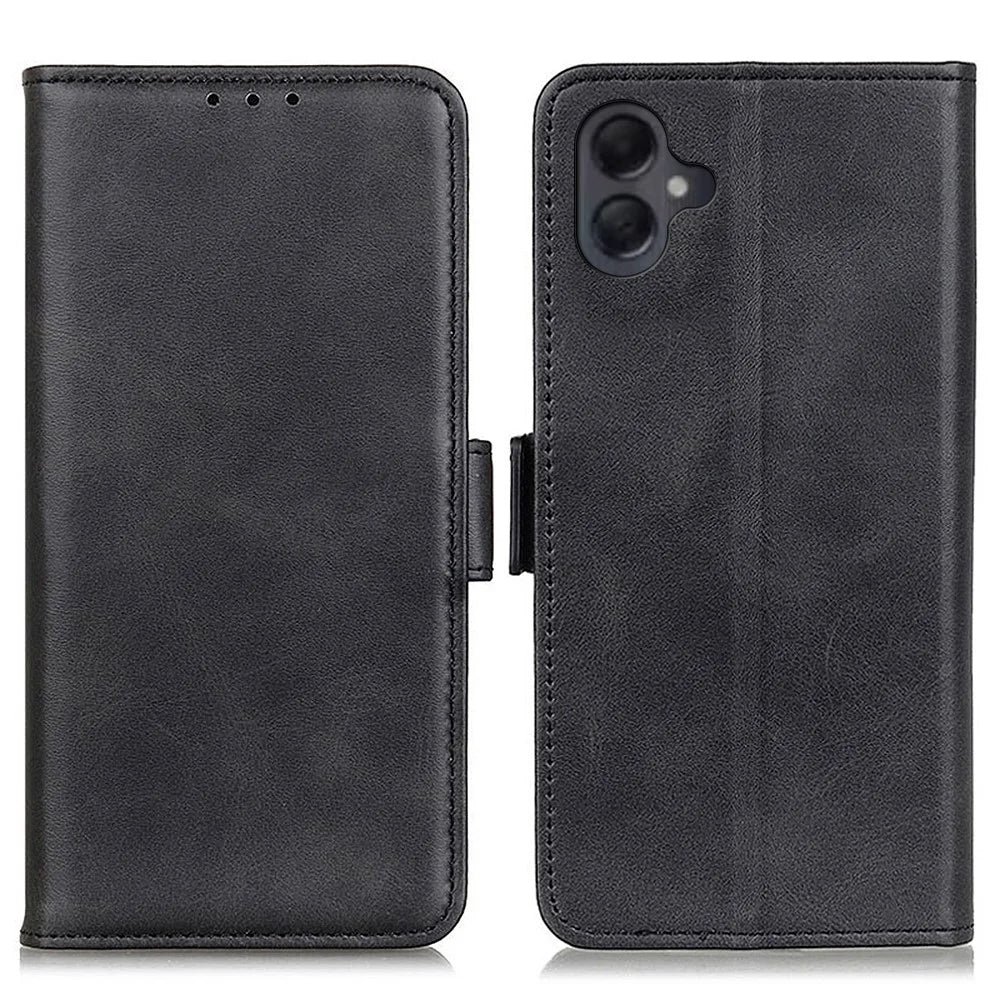 For Samsung Galaxy A06 4G Case Stand Cowhide Texture PU Leather Phone Cover - Black - 1