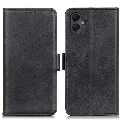 For Samsung Galaxy A06 4G Case Stand Cowhide Texture PU Leather Phone Cover - Black - 1