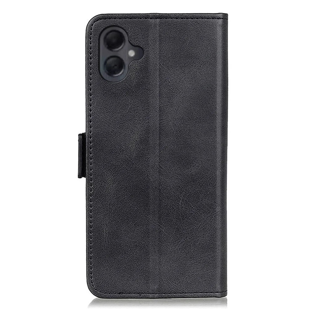 For Samsung Galaxy A06 4G Case Stand Cowhide Texture PU Leather Phone Cover - Black - 6