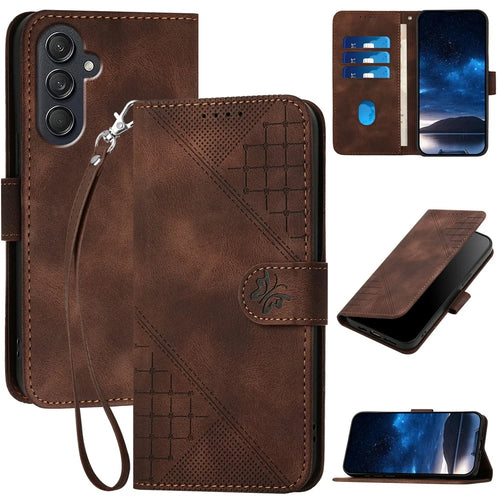 For Samsung Galaxy F55 5G / C55 5G / M55 5G Leather Wallet Case Butterfly Flower Imprinted Phone Cover with Strap - Brown - 1