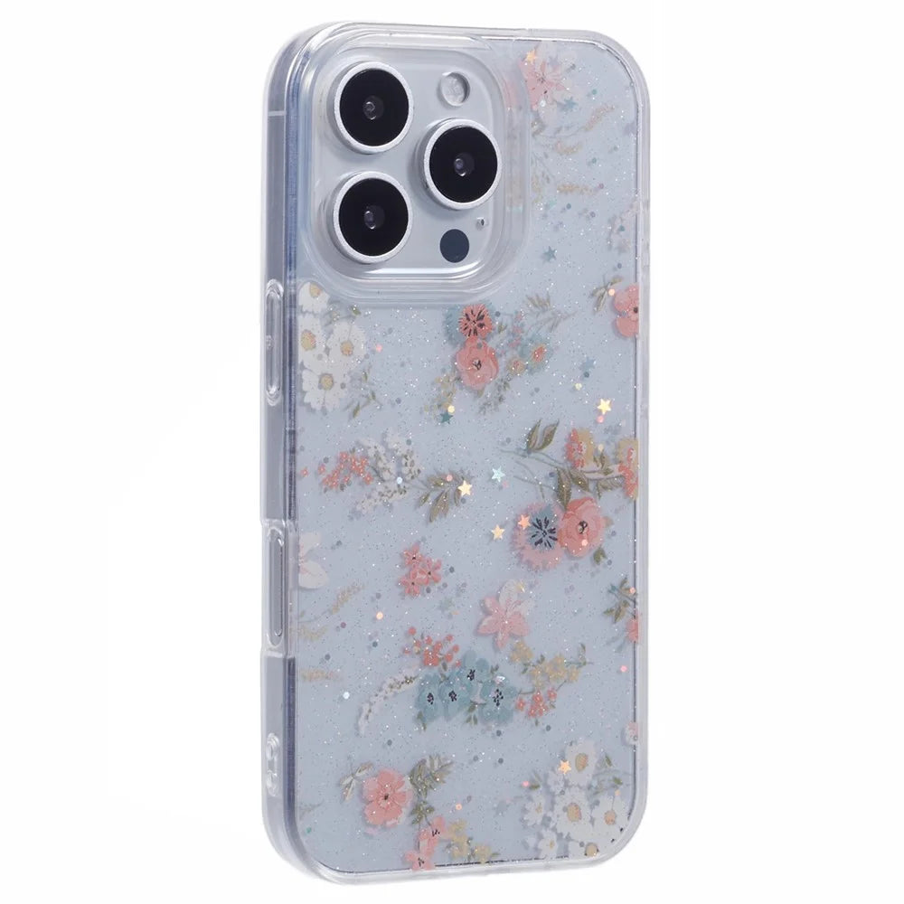 For iPhone 16 Pro Case Glitter Flower Epoxy Shockproof Phone Cover - Style A - 1