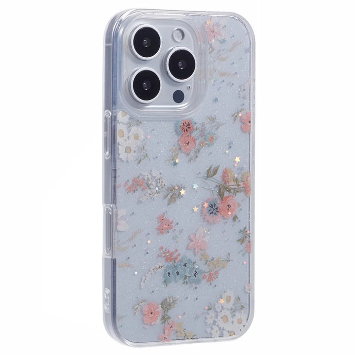 For iPhone 16 Pro Case Glitter Flower Epoxy Shockproof Phone Cover - Style A - 1