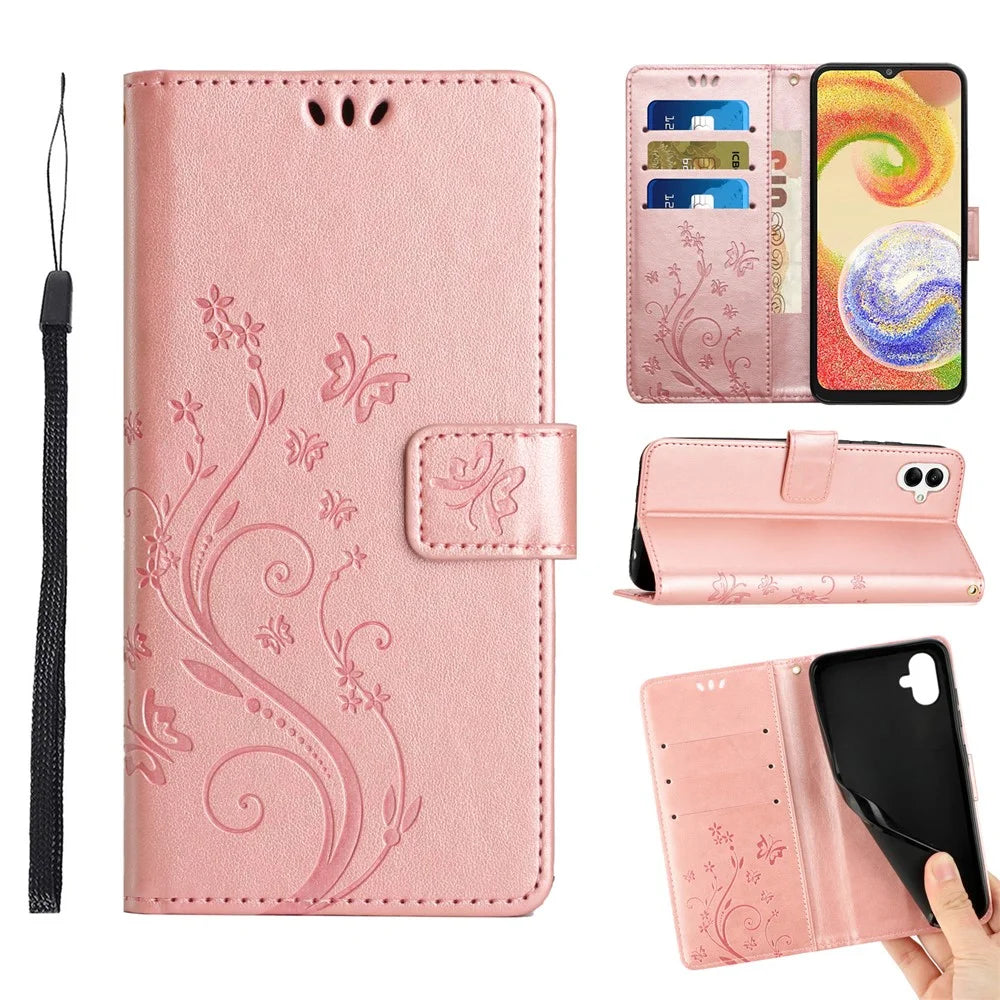 For Samsung Galaxy A06 4G Case PU Leather Phone Wallet Cover with Strap - Rose Gold - 6