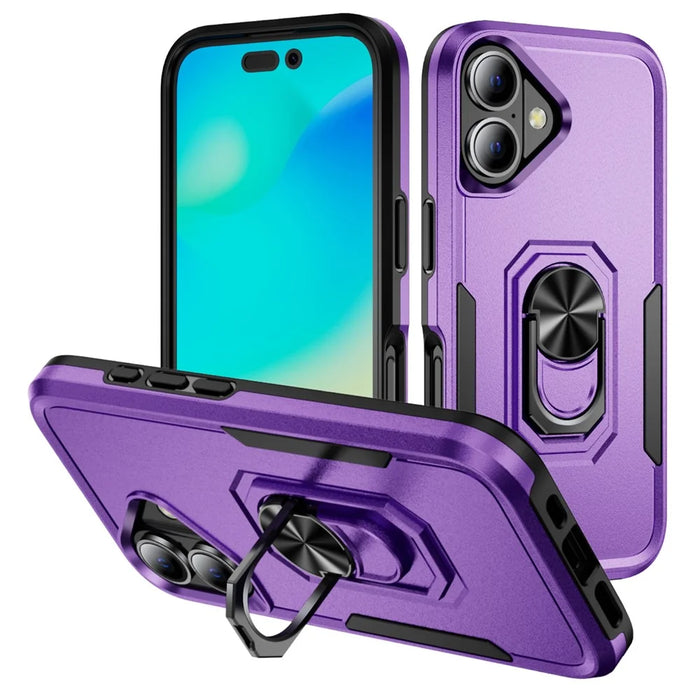 For iPhone 16 Case Military Grade Ring Kickstand PC+TPU Phone Cover - Purple+Black - 1