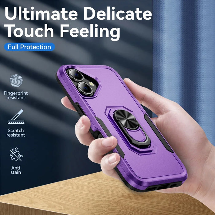 For iPhone 16 Case Military Grade Ring Kickstand PC+TPU Phone Cover - Purple+Black - 3