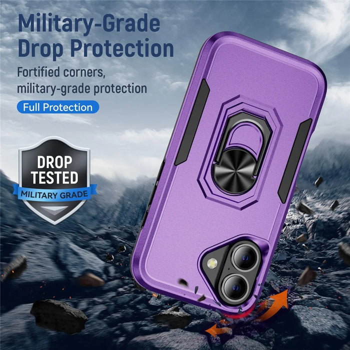 For iPhone 16 Case Military Grade Ring Kickstand PC+TPU Phone Cover - Purple+Black - 5