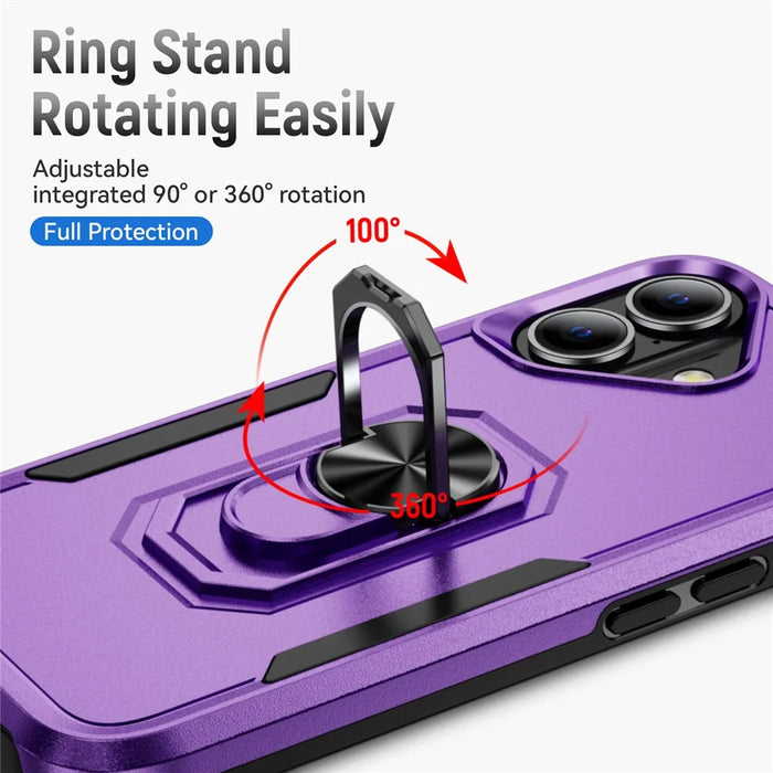 For iPhone 16 Case Military Grade Ring Kickstand PC+TPU Phone Cover - Purple+Black - 6