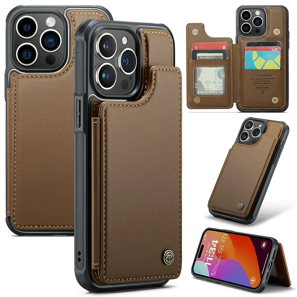 For iPhone 16 Pro Max Phone Case CASEME C22 Leather Back Cover with RFID Blocking Card Slots - Brown - 1