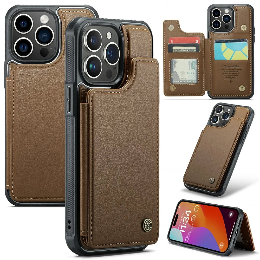 For iPhone 16 Pro Phone Case CASEME C22 Leather Back Cover with RFID Blocking Card Slots - Brown - 1