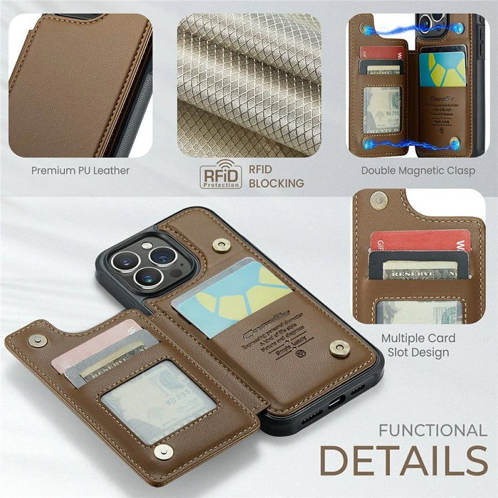 For iPhone 16 Pro Phone Case CASEME C22 Leather Back Cover with RFID Blocking Card Slots - Brown - 5