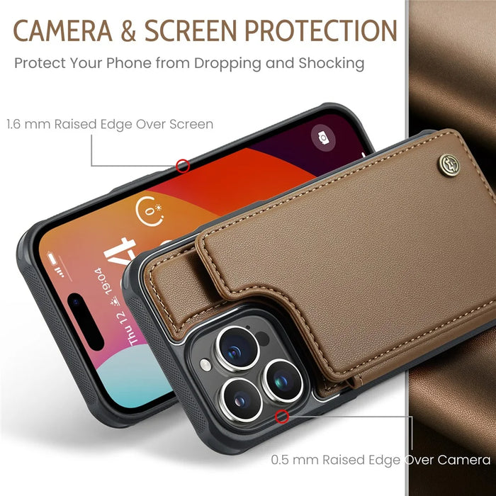 For iPhone 16 Pro Phone Case CASEME C22 Leather Back Cover with RFID Blocking Card Slots - Brown - 7