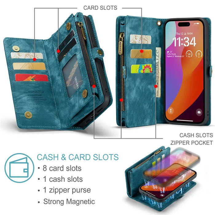 For iPhone 16 Pro Max Phone Cases CASEME 008 Leather Cover with Detachable Wallet and Strap - Blue - 5