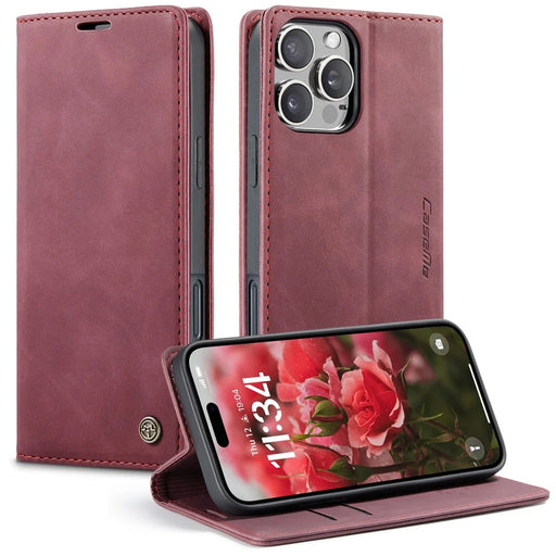 CASEME 013 Series For iPhone 16 Pro Max Case Card Holder Stand Leather Phone Cover - Red - 1