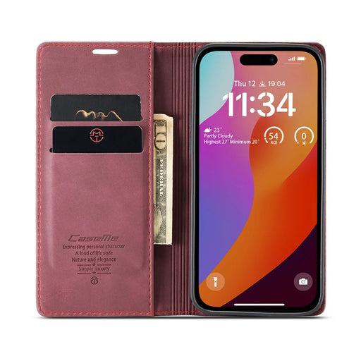CASEME 013 Series For iPhone 16 Pro Max Case Card Holder Stand Leather Phone Cover - Red - 2