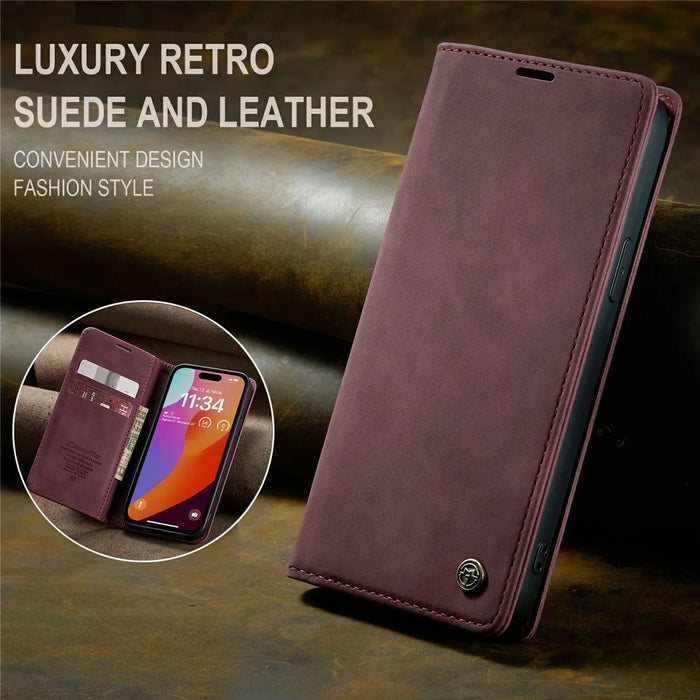 CASEME 013 Series For iPhone 16 Pro Max Case Card Holder Stand Leather Phone Cover - Red - 5