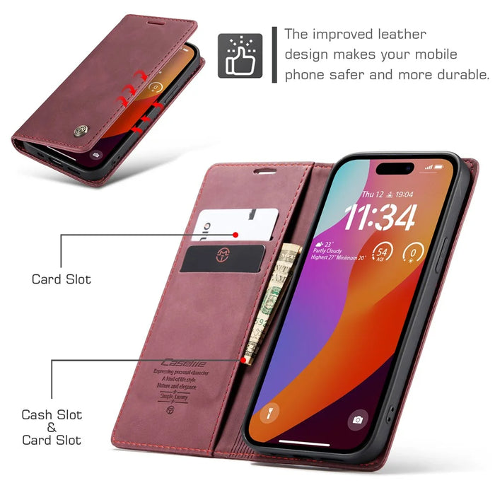 CASEME 013 Series For iPhone 16 Pro Max Case Card Holder Stand Leather Phone Cover - Red - 6