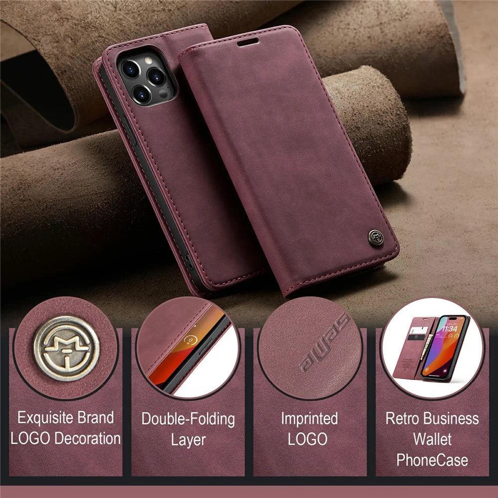 CASEME 013 Series For iPhone 16 Pro Max Case Card Holder Stand Leather Phone Cover - Red - 7