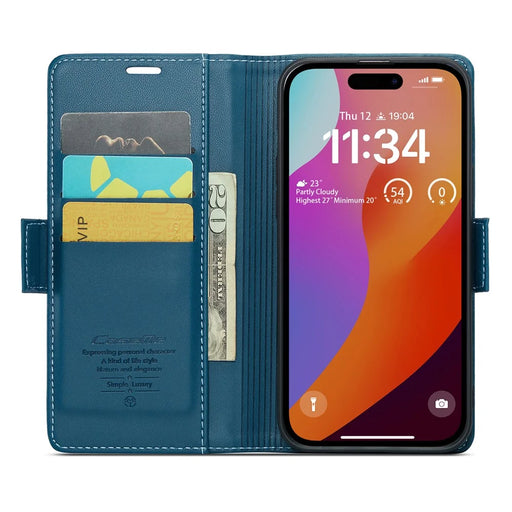 For iPhone 16 Pro Max Leather Case CASEME 023 RFID Blocking 3 Card Slot Mobile Cover - Blue - 2