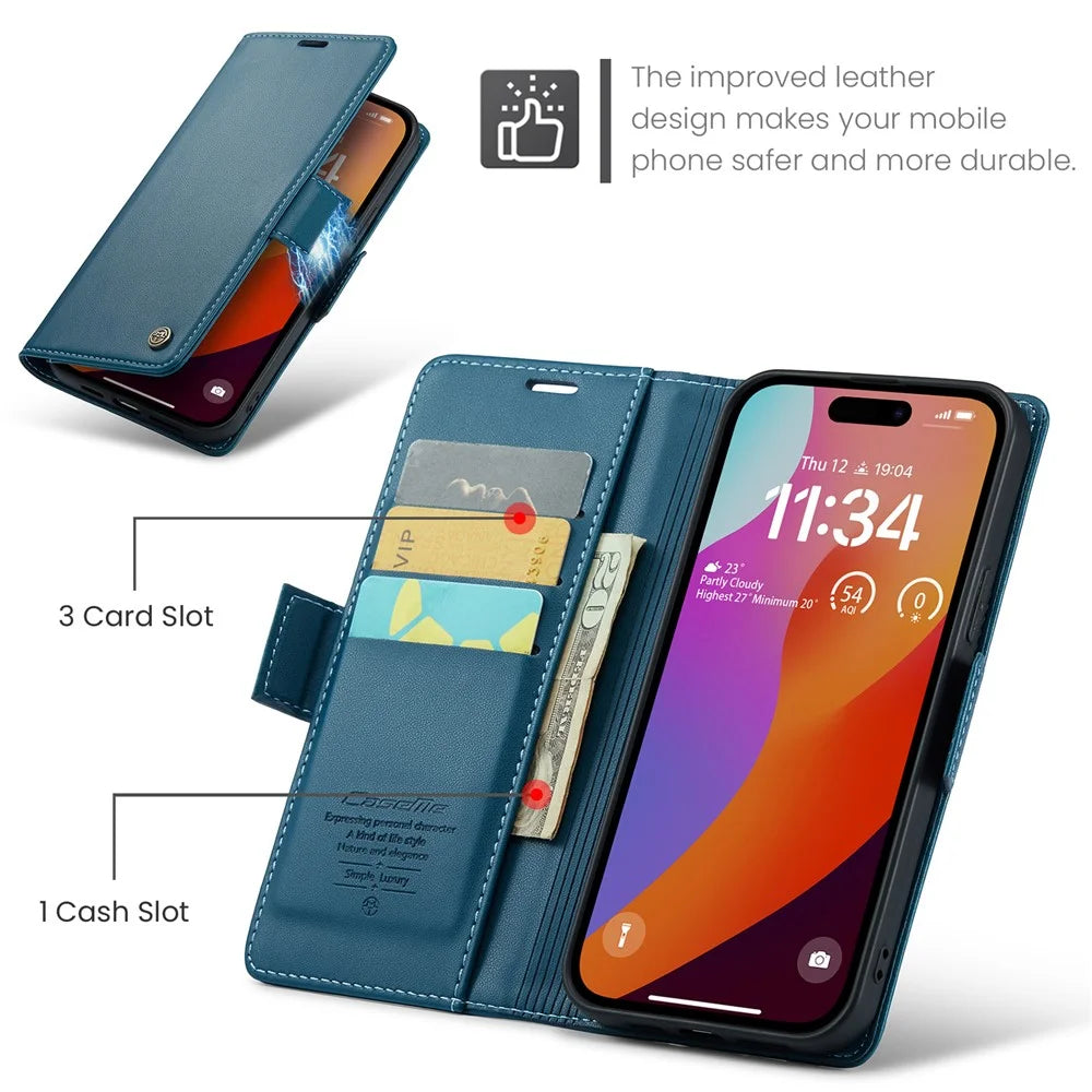 For iPhone 16 Pro Max Leather Case CASEME 023 RFID Blocking 3 Card Slot Mobile Cover - Blue - 6