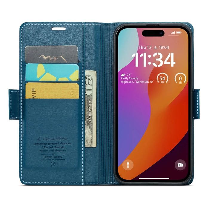 For iPhone 16 Pro Leather Case CASEME 023 RFID Blocking 3 Card Slot Mobile Cover - Blue - 2