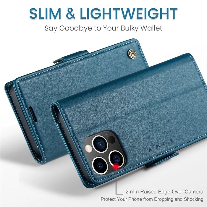 For iPhone 16 Pro Leather Case CASEME 023 RFID Blocking 3 Card Slot Mobile Cover - Blue - 7