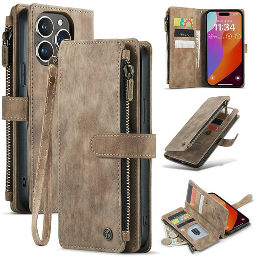 For iPhone 16 Pro Max Phone Cases with Strap CASEME C30 Zipper Multiple Card Holder PU Leather Cover - Brown - 1