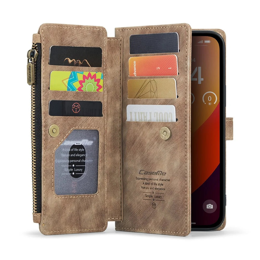 For iPhone 16 Pro Max Phone Cases with Strap CASEME C30 Zipper Multiple Card Holder PU Leather Cover - Brown - 2