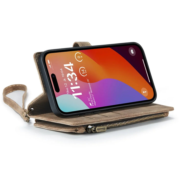 For iPhone 16 Pro Max Phone Cases with Strap CASEME C30 Zipper Multiple Card Holder PU Leather Cover - Brown - 3