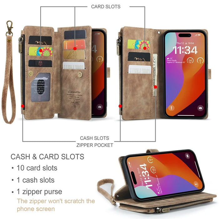 For iPhone 16 Pro Max Phone Cases with Strap CASEME C30 Zipper Multiple Card Holder PU Leather Cover - Brown - 5