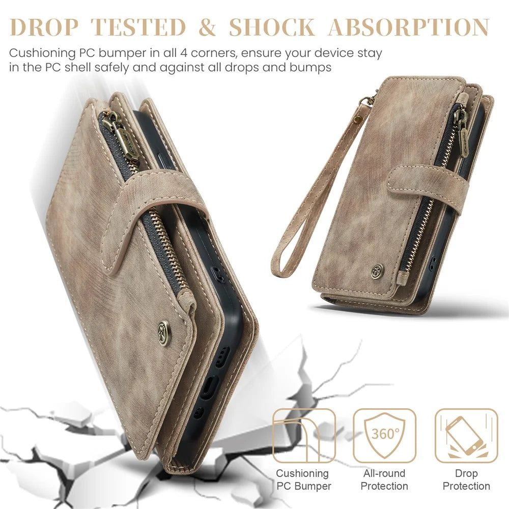 For iPhone 16 Pro Max Phone Cases with Strap CASEME C30 Zipper Multiple Card Holder PU Leather Cover - Brown - 7
