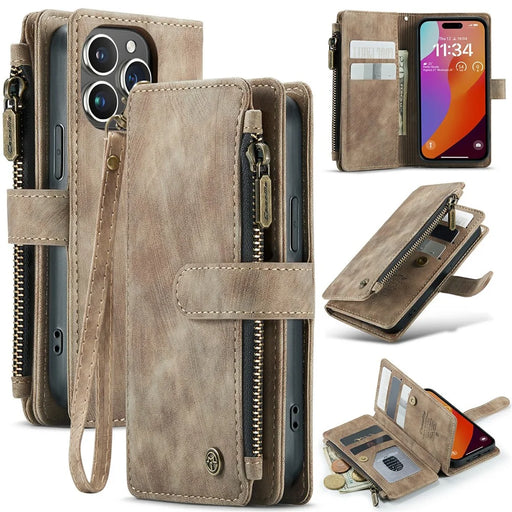 For iPhone 16 Pro Phone Cases with Strap CASEME C30 Zipper Multiple Card Holder PU Leather Cover - Brown - 1