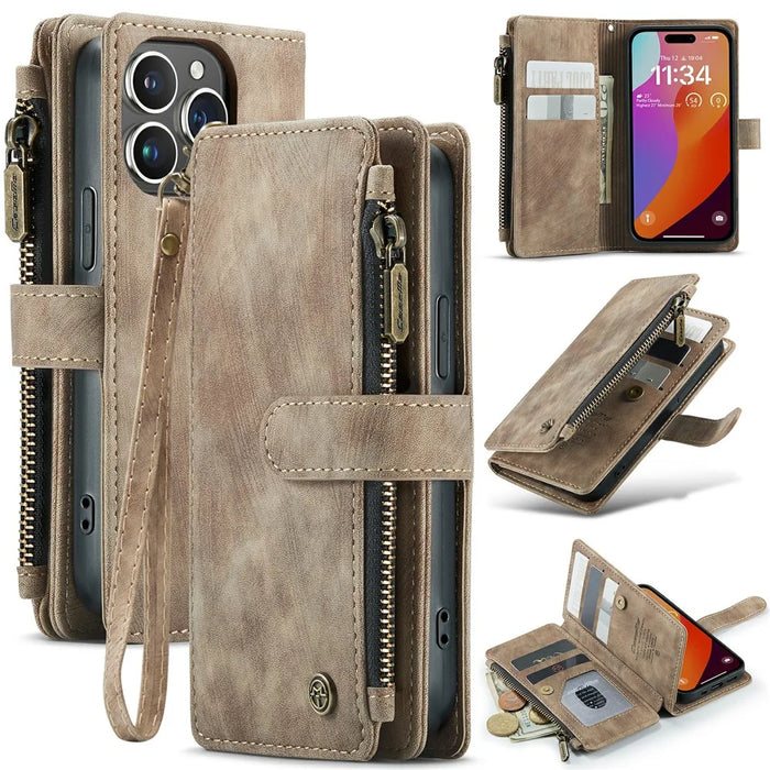 For iPhone 16 Pro Phone Cases with Strap CASEME C30 Zipper Multiple Card Holder PU Leather Cover - Brown - 1